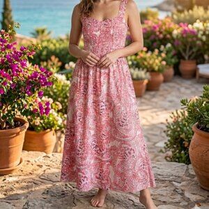 Calvin Klein Pink Paisley Smocked Maxi Dress Women’s Size 14 Ruffle Strap Summer